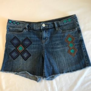 Allen B. Aztec Embroidered Raw Hem Denim Shorts
